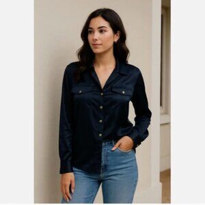 NWT Antonio Makali Women's Satin Blouse 100% Silk Gold Accents Solid Black Large